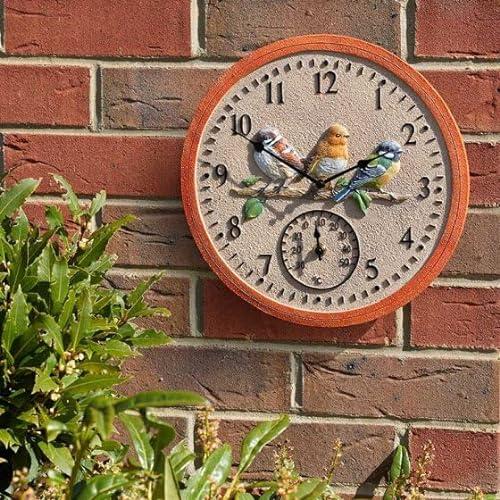 Garden Mile Outside In Birdwood Thermometer & Wanduhr Gartendekorationen Outdoor Vogeluhr Retro Vintage Wasserdicht Garten Terrasse 30,5 cm von garden mile