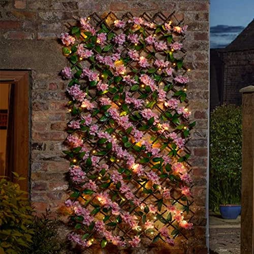 Garden Mile Solar In-Lit Rosa Blüte Rankgitter Blätter und Blumen Künstliche Blätter Rankgitter Panel Frühling und Sommer Gartendekoration beleuchtet Klettern Kunstpflanzen Blumen (180 x 60 cm) von garden mile
