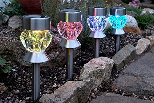 garden mile 4er Packung DIAMANT-STIL GESCHLIFFENES GLAS SOLAR BETRIEBEN FARB VERÄNDERND LED EDELSTAHL AUßEN GARTEN PFAHL LICHTER von garden mile