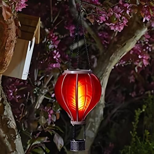 garden mile Ballon Fiesta Realistischer Flammeneffekt Solarbetriebene Heißluftballon Hängelaterne Bunte Metall Solarleuchte für Garten Außen Innen Neuheit Terrassenbeleuchtung (Rot) von garden mile