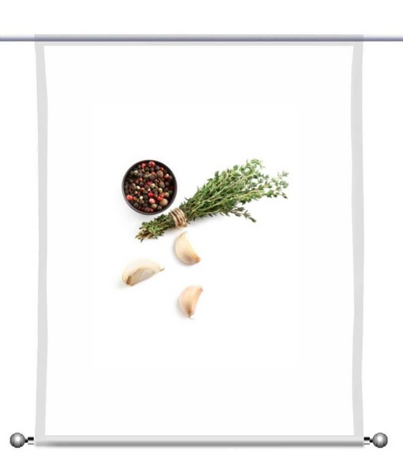 gardinen-for-life Scheibengardine Küchenfreuden Knoblauch Mix - rechteckig mit Beschwerung von gardinen-for-life