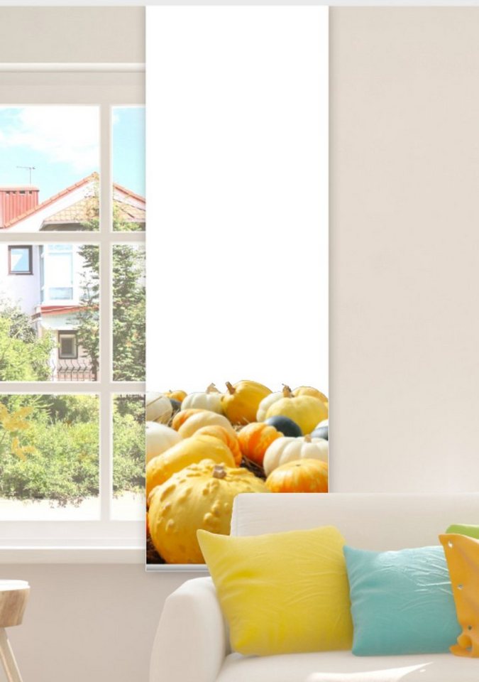 Schiebegardine Kürbiszeit Flächenvorhang für kleine Fenster 180 cm hoch - B-line, gardinen-for-life von gardinen-for-life