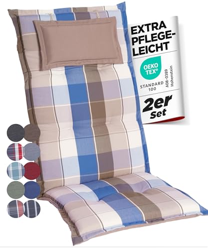 gardisun Gartenstuhlauflagen Hochlehner mit Kopfteil I Extra Dicke Sitzauflagen I Made in Europe I Polsterauflagen für Hochlehner I Auflagen mit extra hohem Komfort I 2er Set I Blau-Braun-Kariert von gardisun