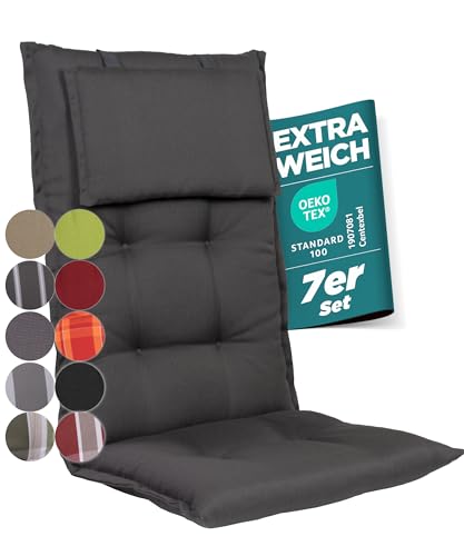 gardisun Gartenstuhlauflagen Hochlehner mit Kopfteil I Extra Dicke Sitzauflagen I Made in EU I Ideale Polsterauflagen für Hochlehner I Auflagen mit extra hoher Lichtechtheit I 7er Set I Anthrazit von gardisun