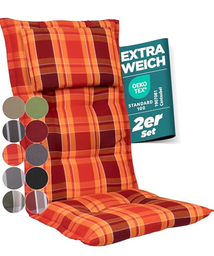 gardisun Gartenstuhlauflagen Hochlehner mit Kopfteil I Extra Dicke Sitzauflagen I Made in Europe I Ideale Polsterauflagen für Hochlehner I Auflagen mit extra hoher Lichtechtheit 2er Set Rot kariert von gardisun