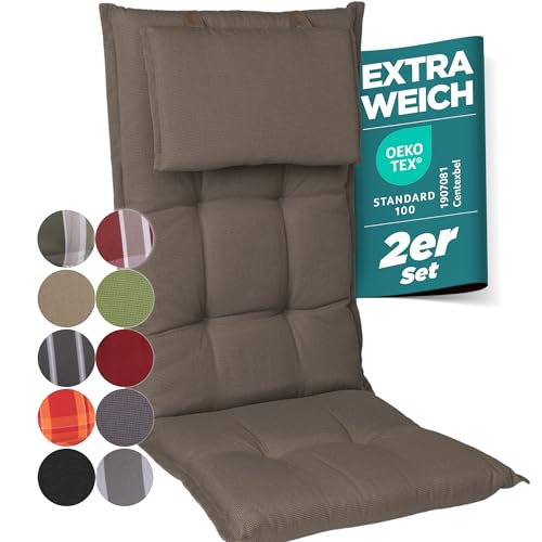 gardisun Gartenstuhlauflagen Hochlehner mit Kopfteil I Extra Dicke Sitzauflagen I Made in Europe I Ideale Polsterauflagen für Hochlehner I Auflagen mit extra hoher Lichtechtheit I 2er Set I Taupe von gardisun