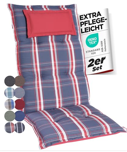 gardisun Gartenstuhlauflagen Hochlehner mit Kopfteil I Extra Dicke Sitzauflagen I Made in Europe I Polsterauflagen für Hochlehner I Auflagen mit extra hohem Komfort I 2er Set I Blau-Rot-Kariert von gardisun