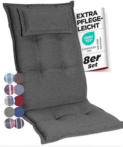 gardisun Gartenstuhlauflagen Hochlehner mit Kopfteil I Extra Dicke Sitzauflagen I Made in Europe I Polsterauflagen für Hochlehner I Auflagen mit extra hohem Komfort I 8er Set I Anthrazit von gardisun