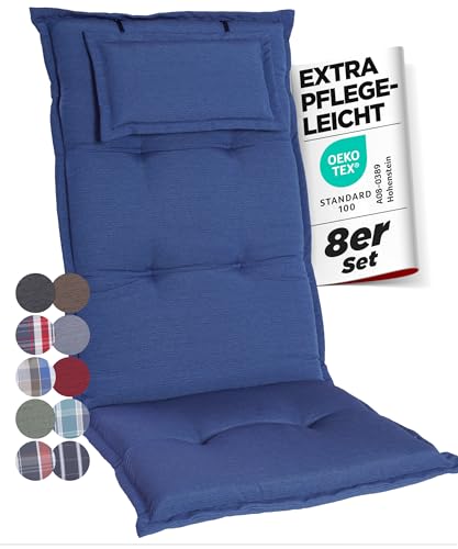 gardisun Gartenstuhlauflagen Hochlehner mit Kopfteil I Extra Dicke Sitzauflagen I Made in Europe I Polsterauflagen für Hochlehner I Auflagen mit extra hohem Komfort I 8er Set I Blau von gardisun