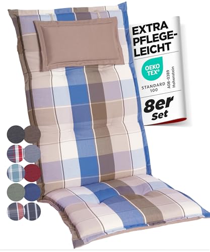 gardisun Gartenstuhlauflagen Hochlehner mit Kopfteil I Extra Dicke Sitzauflagen I Made in Europe I Polsterauflagen für Hochlehner I Auflagen mit extra hohem Komfort I 8er Set I Blau-Braun-Kariert von gardisun