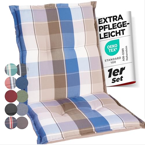 gardisun Gartenstuhlauflagen Niedriglehner I Extra Dicke Sitzauflagen I Made in Europe I Stuhlauflagen für Niederlehner Gartenstuhl I Auflagen mit extra hohem Komfort I 1er Set I Blau-Braun-Kariert von gardisun