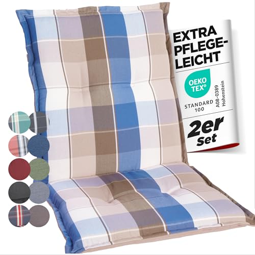 gardisun Gartenstuhlauflagen Niedriglehner I Extra Dicke Sitzauflagen I Made in Europe I Stuhlauflagen für Niederlehner Gartenstuhl I Auflagen mit extra hohem Komfort I 2er Set I Blau-Braun-Kariert von gardisun