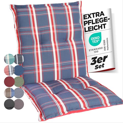 gardisun Gartenstuhlauflagen Niedriglehner I Extra Dicke Sitzauflagen I Made in Europe I Stuhlauflagen für Niederlehner Gartenstuhl I Auflagen mit extra hohem Komfort I 3er Set I Blau-Rot-Kariert von gardisun