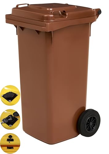 GARDIVO Mülltonne 120 Liter Schließung mit Schlüssel Abfalltonne Reststofftonne Mülleimer mit 2 geräuschlosen Rädern, Klappdeckel mit Zwei Griffen (Braun) von gardivo
