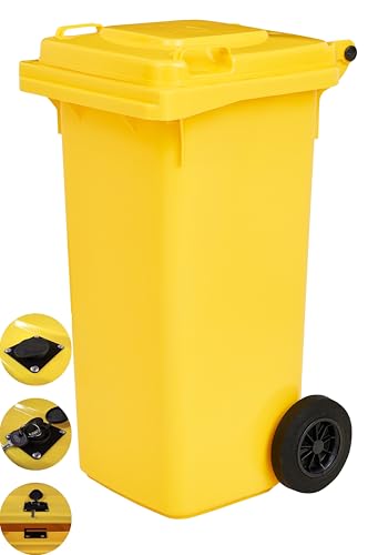 GARDIVO Mülltonne 120 Liter Schließung mit Schlüssel Abfalltonne Reststofftonne Mülleimer mit 2 geräuschlosen Rädern, Klappdeckel mit Zwei Griffen (Gelb) von gardivo