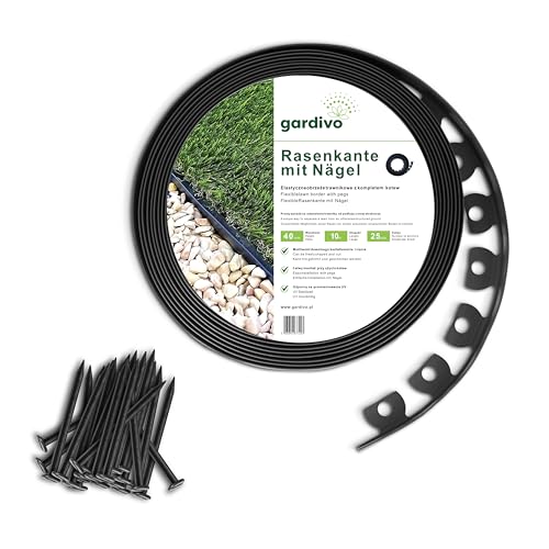 GARDIVO Schwarz Rasenkante Flexible Kunststoff | 10m Lang 4cm Hoch | 25 Starke Befestigungsnägel | Beetumrandung Beeteinfassung Beetbegrenzung Mähkante Palisade Pflastersteine von gardivo