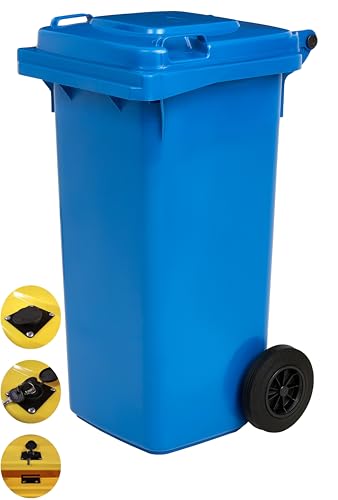 gardivo Mülltonne 120 Liter Schließung mit Schlüssel Abfalltonne Reststofftonne Mülleimer mit 2 geräuschlosen Rädern, Klappdeckel mit zwei Griffen (Blau) von gardivo