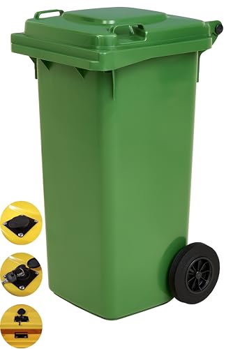 gardivo Mülltonne 120 Liter Schließung mit Schlüssel Abfalltonne Reststofftonne Mülleimer mit 2 geräuschlosen Rädern, Klappdeckel mit zwei Griffen (Grün) von gardivo