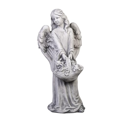gartendekoparadies.de Entzückender Engel mit Blumenkorb, Steinfigur H. 63 cm, 28 kg, Grau, frostsicher aus Steinguss für Außenbereich von gartendekoparadies.de