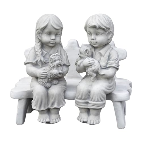 gartendekoparadies.de 3-teilige Mädchen- und Jungen-Figur mit Sitzbank, Steinfigur, H. 41 cm, 24 kg, Grau, frostsicher aus Steinguss für Außenbereich von gartendekoparadies.de