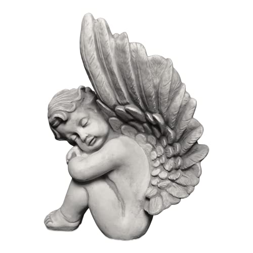 gartendekoparadies.de Sitzender Engel mit Flügeln für Grab, Steinfigur H. 48 cm, 23 kg, Grau, frostsicher aus Steinguss für Außenbereich von gartendekoparadies.de