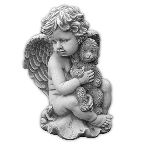 gartendekoparadies.de Engel Figur mit Teddy, Steinfigur H. 34 cm, 13 kg, Grau, frostsicher aus Steinguss für Außenbereich von gartendekoparadies.de