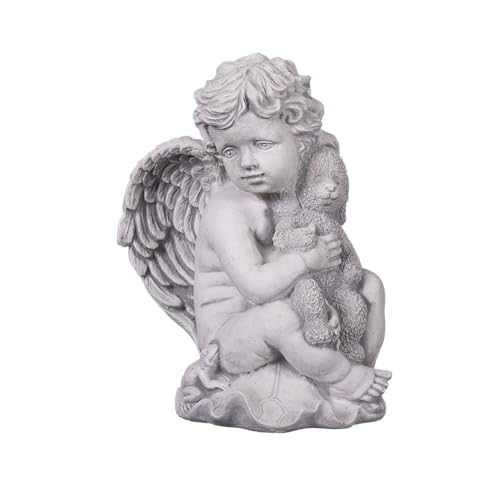 gartendekoparadies.de Engel Figur mit Teddy, Steinfigur H. 34 cm, 13 kg, Grau, frostsicher aus Steinguss für Außenbereich von gartendekoparadies.de