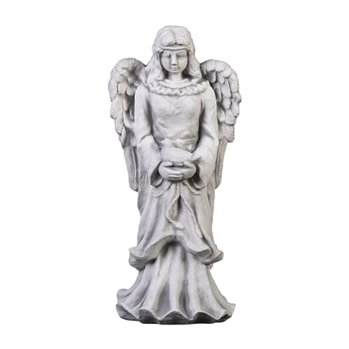 gartendekoparadies.de Engel Figur mit Vogel, Steinfigur H. 44 cm, 10 kg, Grau, frostsicher aus Steinguss für Außenbereich von gartendekoparadies.de