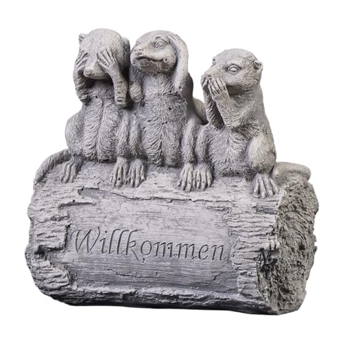 gartendekoparadies.de Erdmännchen-Familie SAGT: Willkommen, Steinfigur, H. 20 cm, 4 kg, Grau, frostsicher aus Steinguss für Außenbereich von gartendekoparadies.de