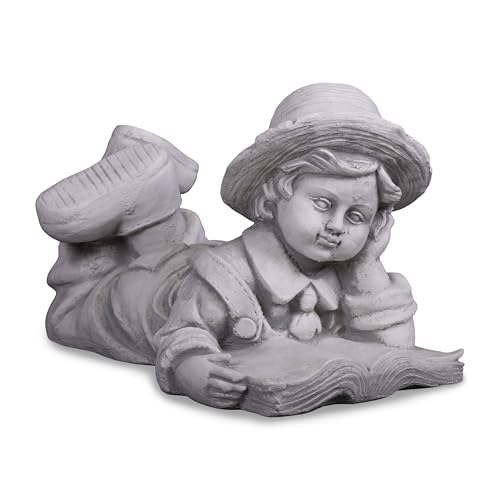 gartendekoparadies.de Liegender Junge mit Buch, Steinfigur H. 22 cm, 10 kg, Grau, frostsicher aus Steinguss für Außenbereich von gartendekoparadies.de