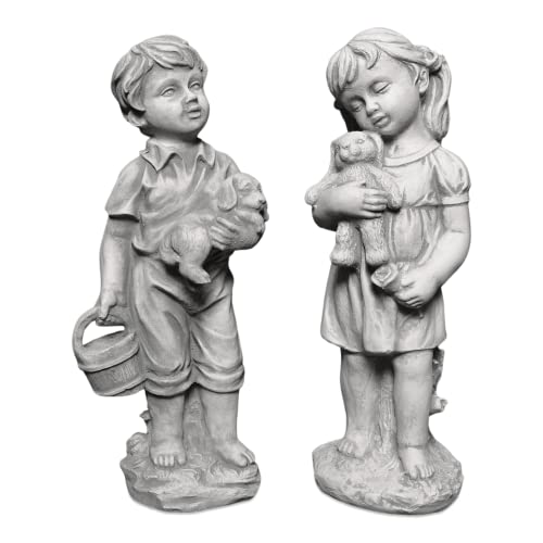 gartendekoparadies.de Set Junge und Mädchen, Steinfigur H. 42/43 cm, 12 kg, Grau, frostsicher aus Steinguss für Außenbereich von gartendekoparadies.de