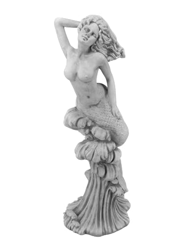 gartendekoparadies.de Statue Meerjungfrau auf Einer Welle, Steinfigur, H. 80 cm, 23 kg, Grau, frostsicher aus Steinguss für Außenbereich von gartendekoparadies.de