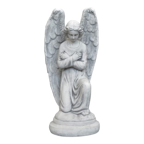 gartendekoparadies.de Engel Statue auf rundem Sockel, Steinfigur H. 80 cm, 52 kg, Grau, frostsicher aus Steinguss für Außenbereich von gartendekoparadies.de