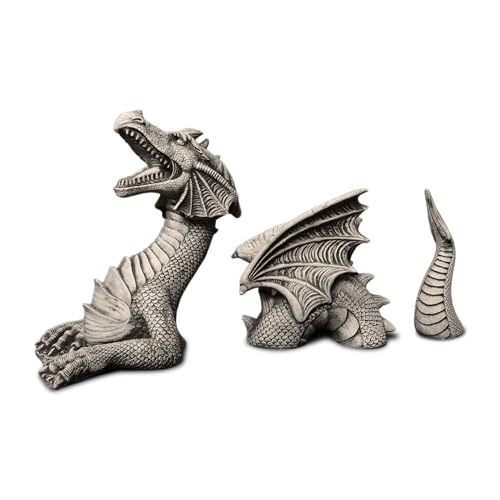 gartendekoparadies.de 3-teiliger Drache, Steinfigur, H. 35 cm, 11 kg, Grau, frostsicher aus Steinguss für Außenbereich von gartendekoparadies.de