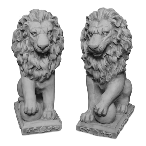 gartendekoparadies.de Statuen Löwen mit Kugel, Steinfigur, H. 47 cm, je 21 kg, Grau, frostsicher aus Steinguss für Außenbereich (Set) von gartendekoparadies.de
