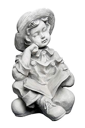 gartendekoparadies.de Jungen Figur mit einem Buch, Steinfigur H. 45 cm, 25 kg, Grau, frostsicher aus Steinguss für Außenbereich von gartendekoparadies.de