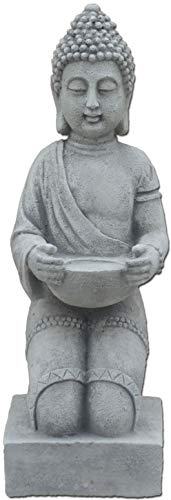 gartendekoparadies.de Buddha Statue auf einem Podest, Steinfigur, H. 43 cm, 9 kg, Grau, frostsicher aus Steinguss für Außenbereich von gartendekoparadies.de