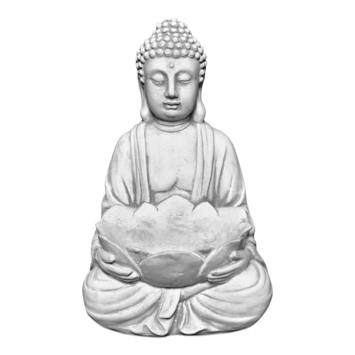 gartendekoparadies.de Buddha mit Lotusblüten Schale, Steinfigur, H. 30 cm, 6 kg, frostsicher aus Steinguss für Außenbereich (Grau) von gartendekoparadies.de