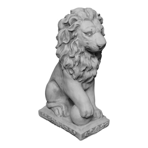 gartendekoparadies.de Statuen Löwen mit Kugel, Steinfigur, H. 47 cm, je 21 kg, Grau, frostsicher aus Steinguss für Außenbereich (Rechts) von gartendekoparadies.de