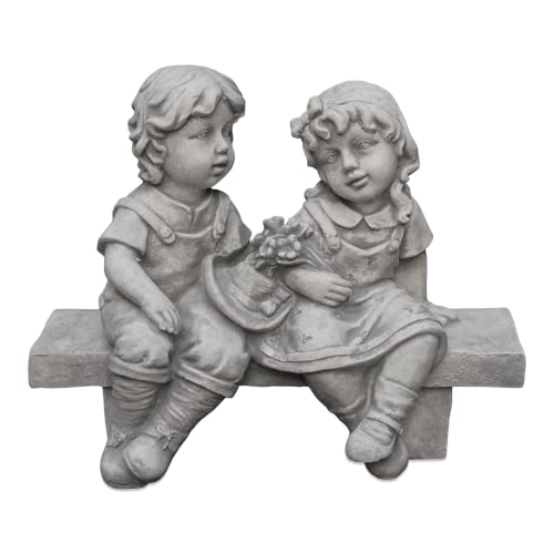 gartendekoparadies.de Kinder Figuren auf der Bank, Steinfigur H. 32 cm, 11 kg, Grau, frostsicher aus Steinguss für Außenbereich von gartendekoparadies.de