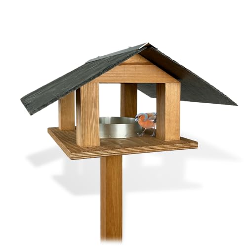 GARTENETAGE Elegantes Vogelhaus mit Schieferdach – Mediterranes Flair und robuste Handwerkskunst, Hygienische Futterstelle, Vielseitiger 2-in-1 Ständer, Stabil und Langlebig, Einfache Reinigung von gartenetage