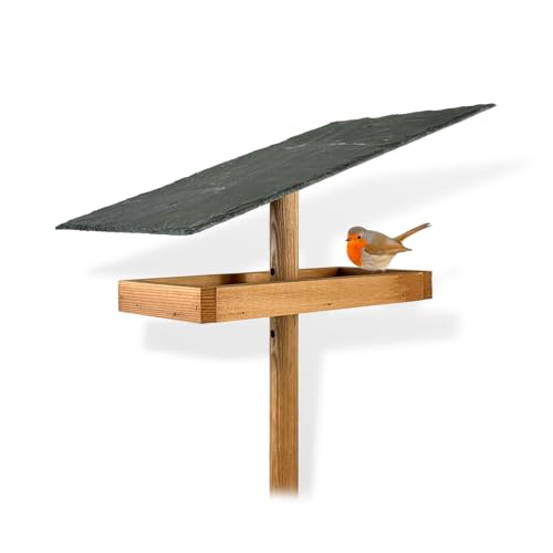 GARTENETAGE Stilvolles und Robustes Vogelhaus mit Schieferdach und Höhenverstellbarem Erdspieß – Wetterfest, Einfach zu Montieren, Ideal für Gartenvögel – Hochwertiges Holzdesign von gartenetage
