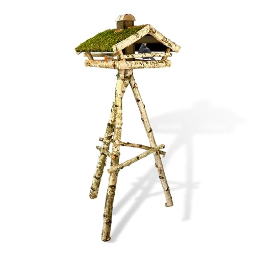 GARTENETAGE Vogelhaus Birke mit Ständer und Moosdach/Vogelhaus mit Ständer wetterfest und stabil/Vogelfutterhaus mit Ständer/Robustes Vogelhäuschen für Ihren Garten von gartenetage