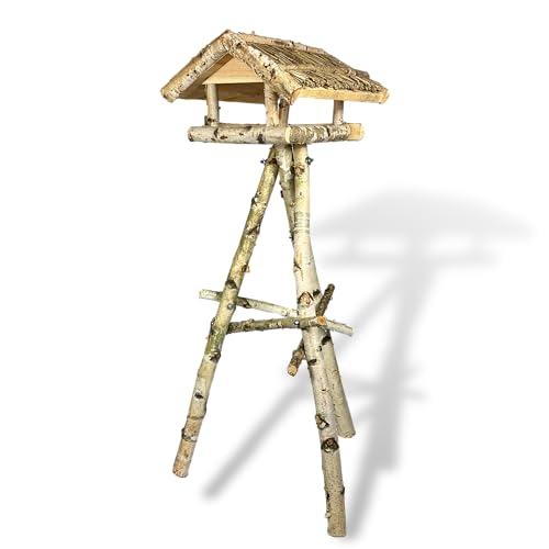GARTENETAGE Vogelhaus Birke mit Ständer und Reetdach/Vogelhaus mit Ständer wetterfest und stabil/Vogelfutterhaus mit Ständer/Robustes Vogelhäuschen für Ihren Garten von gartenetage