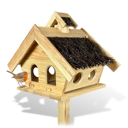 GARTENETAGE Vogelhaus Holz mit Birkenzweigdach und 2in1 Ständer/Vogelhaus mit Ständer wetterfest und stabil/Vogelfutterhaus mit Ständer/Robustes Vogelhäuschen für Balkon und Garten von gartenetage