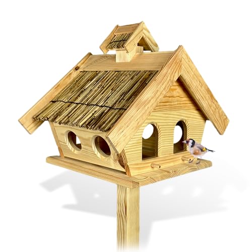 GARTENETAGE Vogelhaus Holz mit Reetdach und 2in1 Ständer/Vogelhaus mit Ständer wetterfest und stabil/Vogelfutterhaus mit Ständer/Robustes Vogelhäuschen für Balkon und Garten von gartenetage