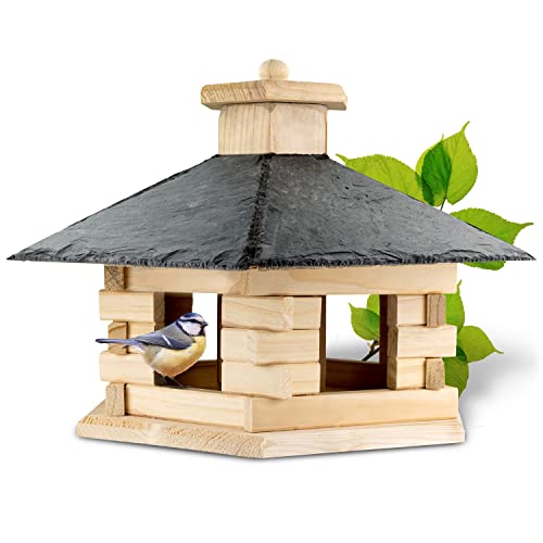 GARTENETAGE Vogelhaus Nordic mit Vogelfuttersilo/massives Vogelfutterhaus aus Holz, wetterfest/Vogelhäuschen für Balkon & Garten, handgefertigt/Futterhaus für Vögel – Farbe Natur von gartenetage