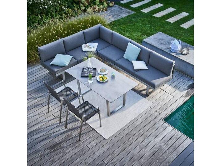 CASA DOMA Aragona/Falerna/Mineo Diningset 5-teilig, Rope, Edelstahl, HPL,mit Rollen, stapelbar, Tischbein mit Höhenausgleich, verstellbare Sitzfläche von gartenmoebel-company