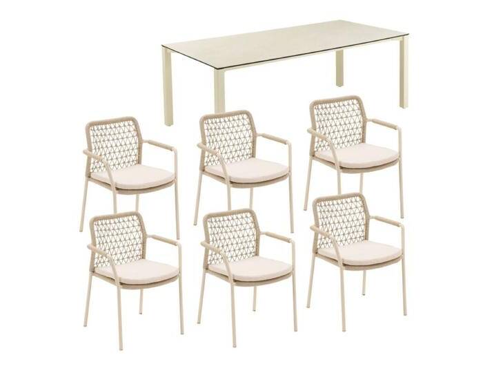 CASA DOMA Campana/Fasano Gartenmöbel-Set mit Tisch HPL 210×100 cm und Rope-Stapelstuhl, 7-teilig - Gestelle cream Rope fossil – Knoten HPL Travertin von gartenmoebel-company