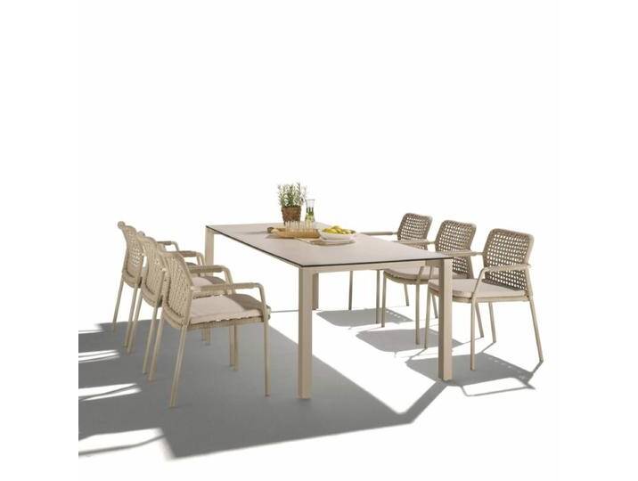 CASA DOMA Campana/Fasano Gartenmöbel-Set mit Tisch HPL 210×100 cm und Rope-Stapelstuhl, 7-teilig - Gestelle cream Rope fossil – Quadro HPL Travertin von gartenmoebel-company